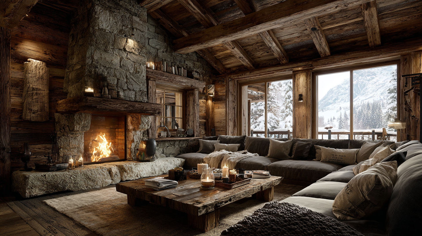 Interno luxury di uno chalet in legno e pietra