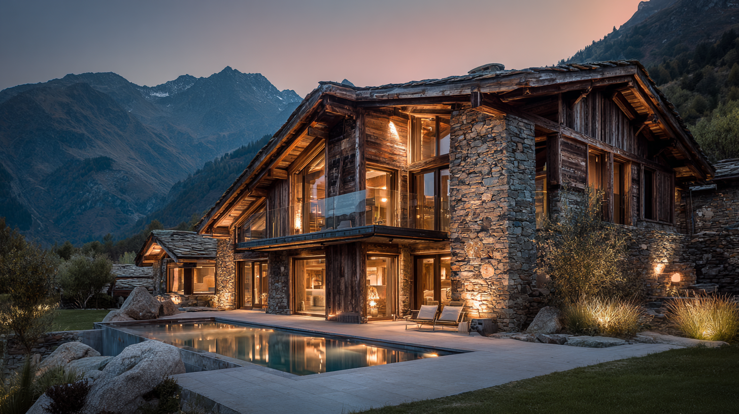 Maso luxury in legno e pietra illuminato al tramonto